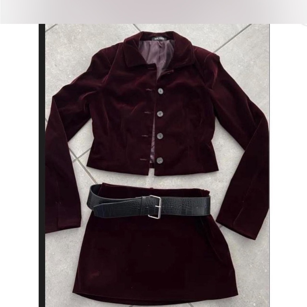 Anthropologie Velvet Crop Jacket and Mini Skirt Set in Wine Red